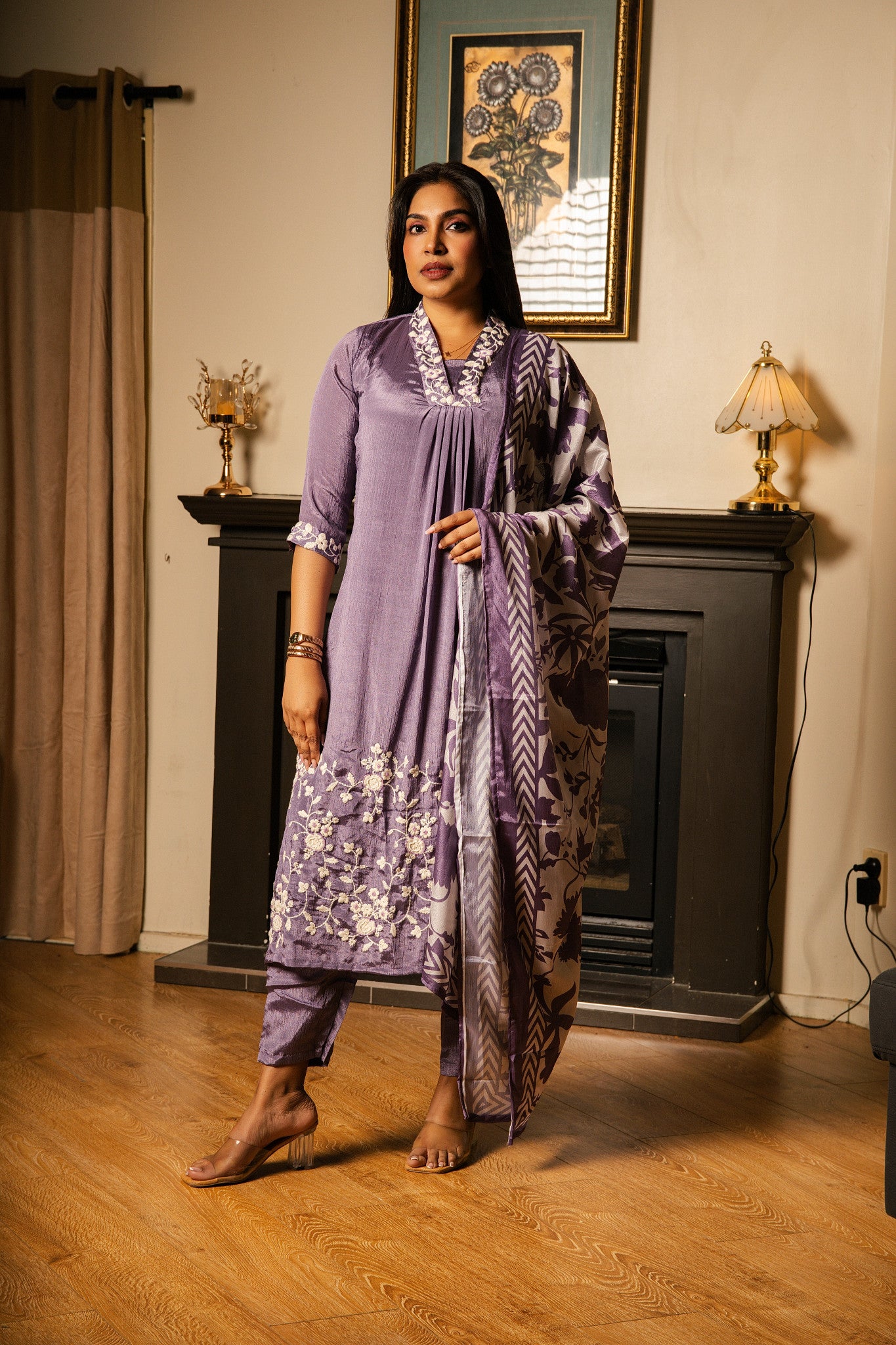 Suit with Printed Dupatta & Floral Embroidery