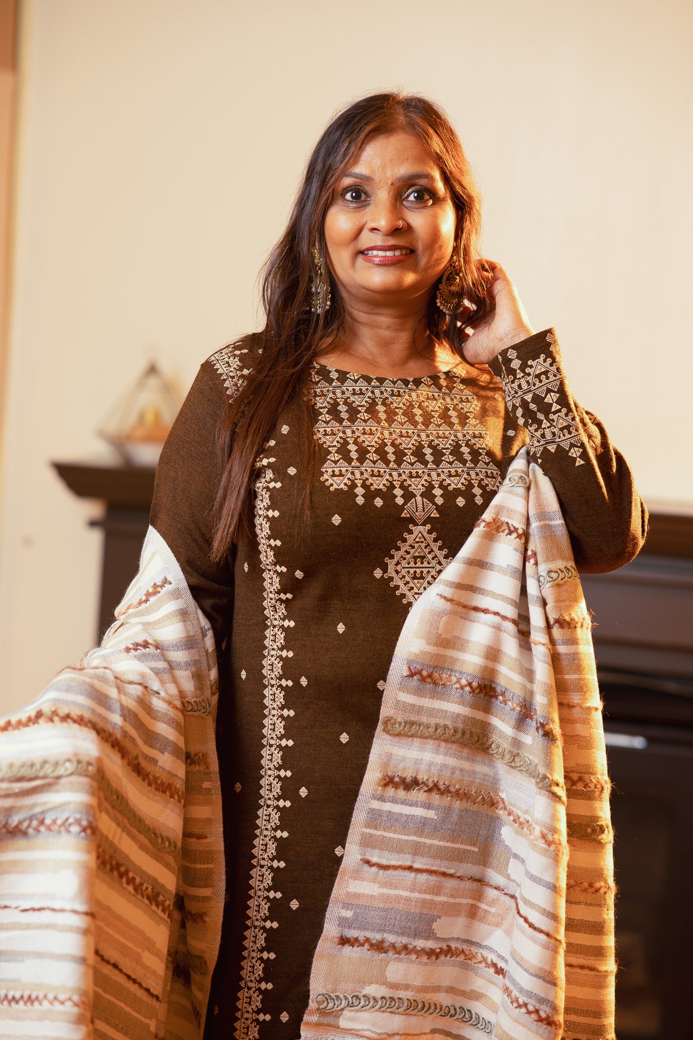 Embroidered Wool Ensemble with Full Shawl