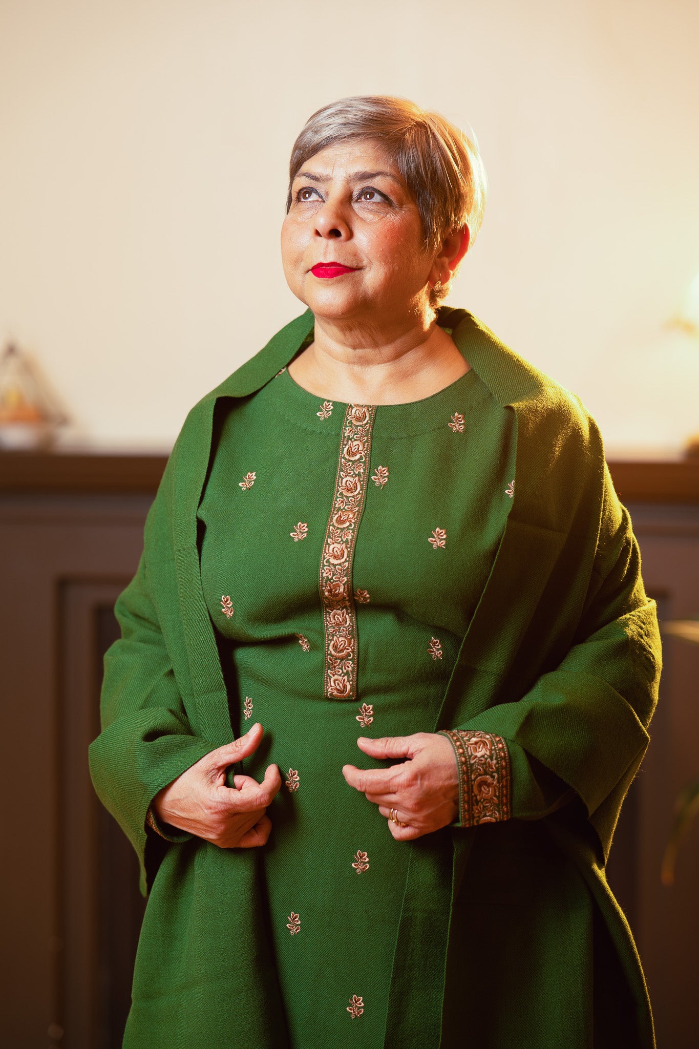 Emerald Green Wool Ensemble with Kashmiri Work and Plain Shawl