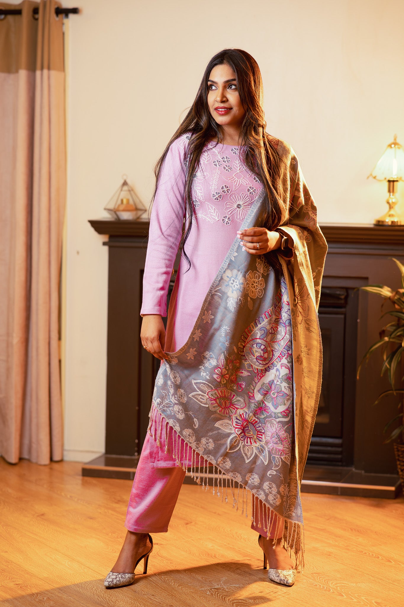 Embellished Wool Suit Set with Embroidered Shawl