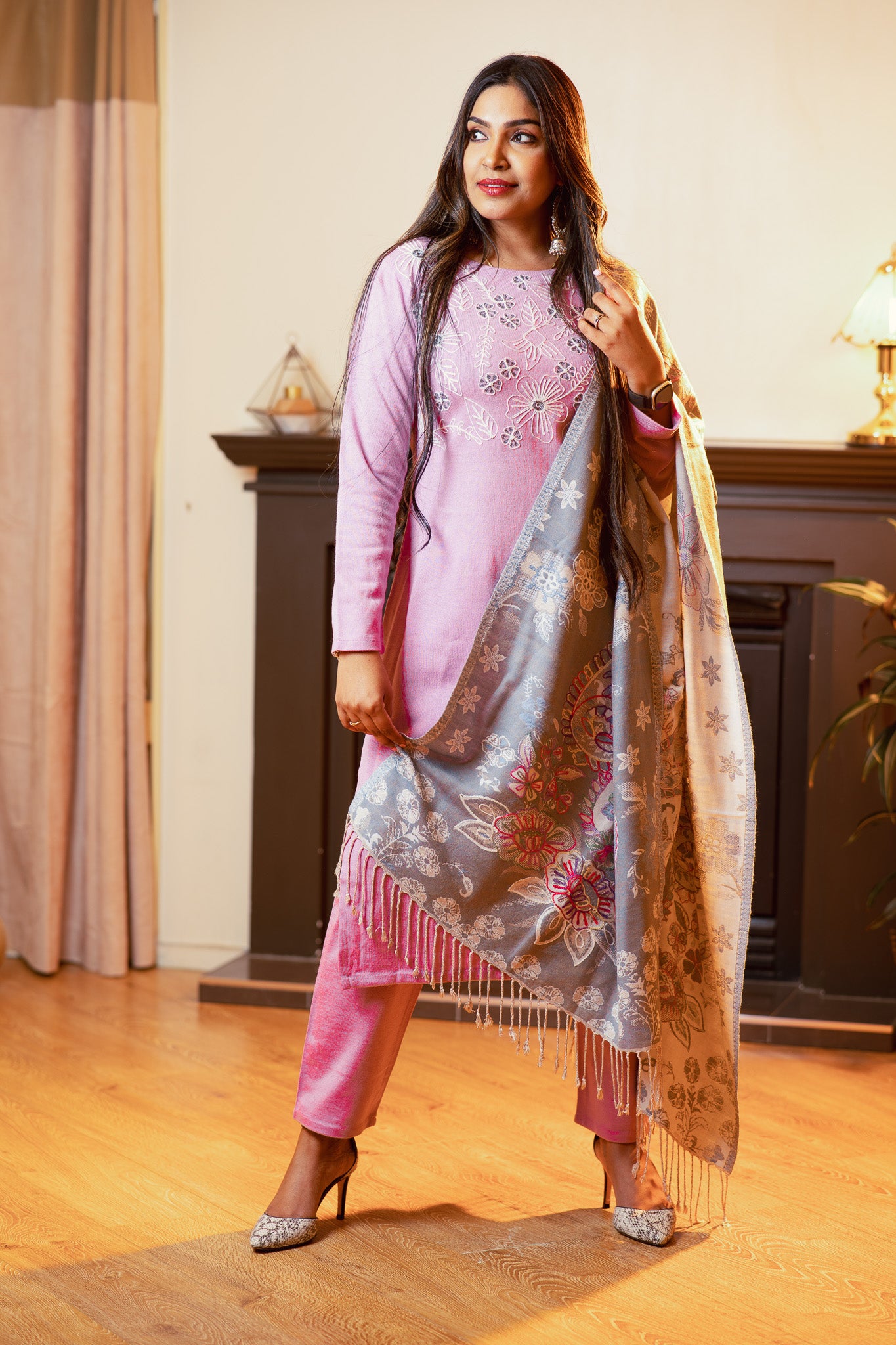 Embellished  Wool Suit Set with Embroidered Shawl