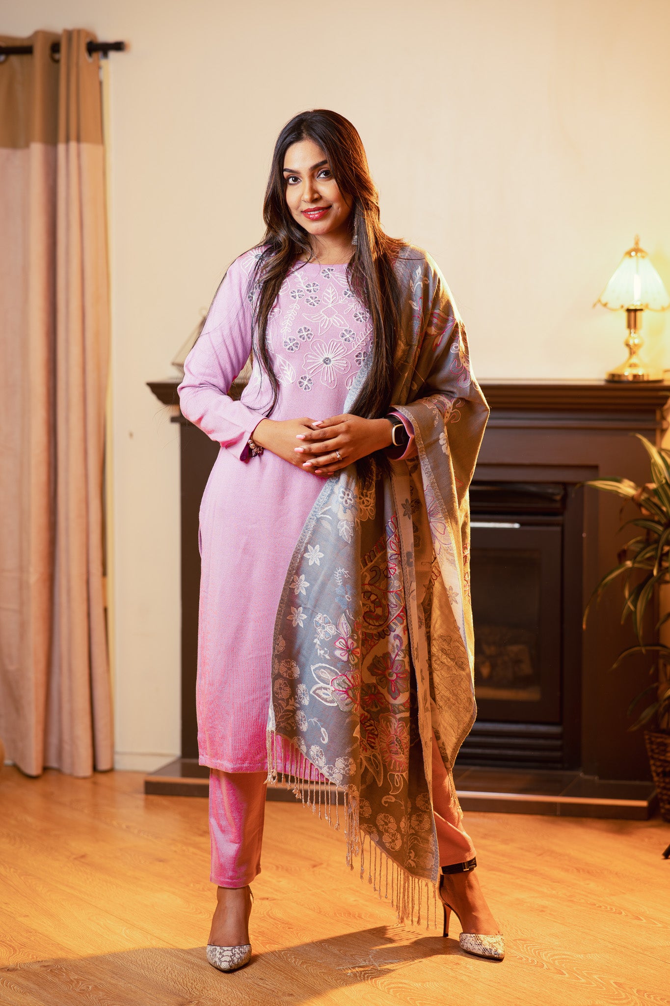 Embellished  Wool Suit Set with Embroidered Shawl