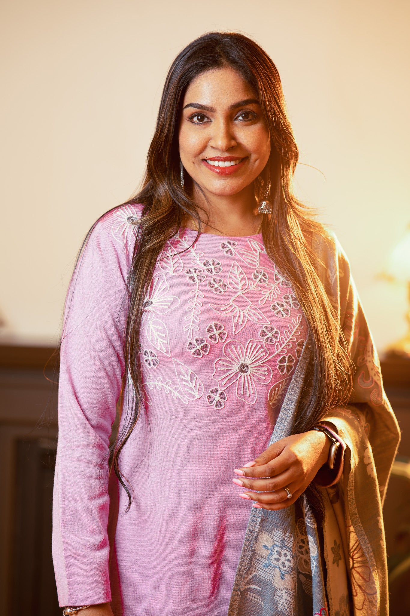 Embellished  Wool Suit Set with Embroidered Shawl