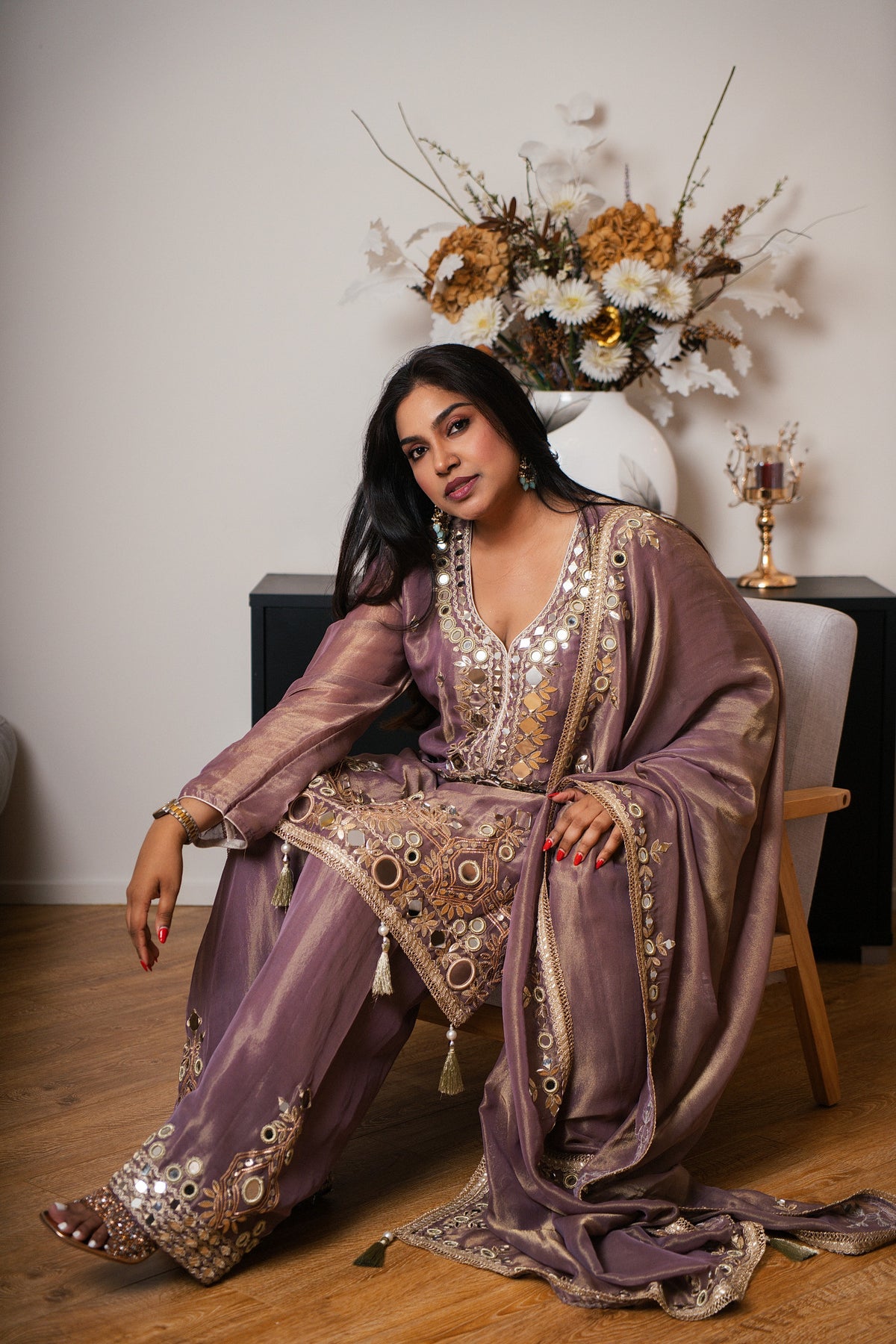 Duo-Tone Mauve Organza Suit with Mirror Work & Tassel Hem