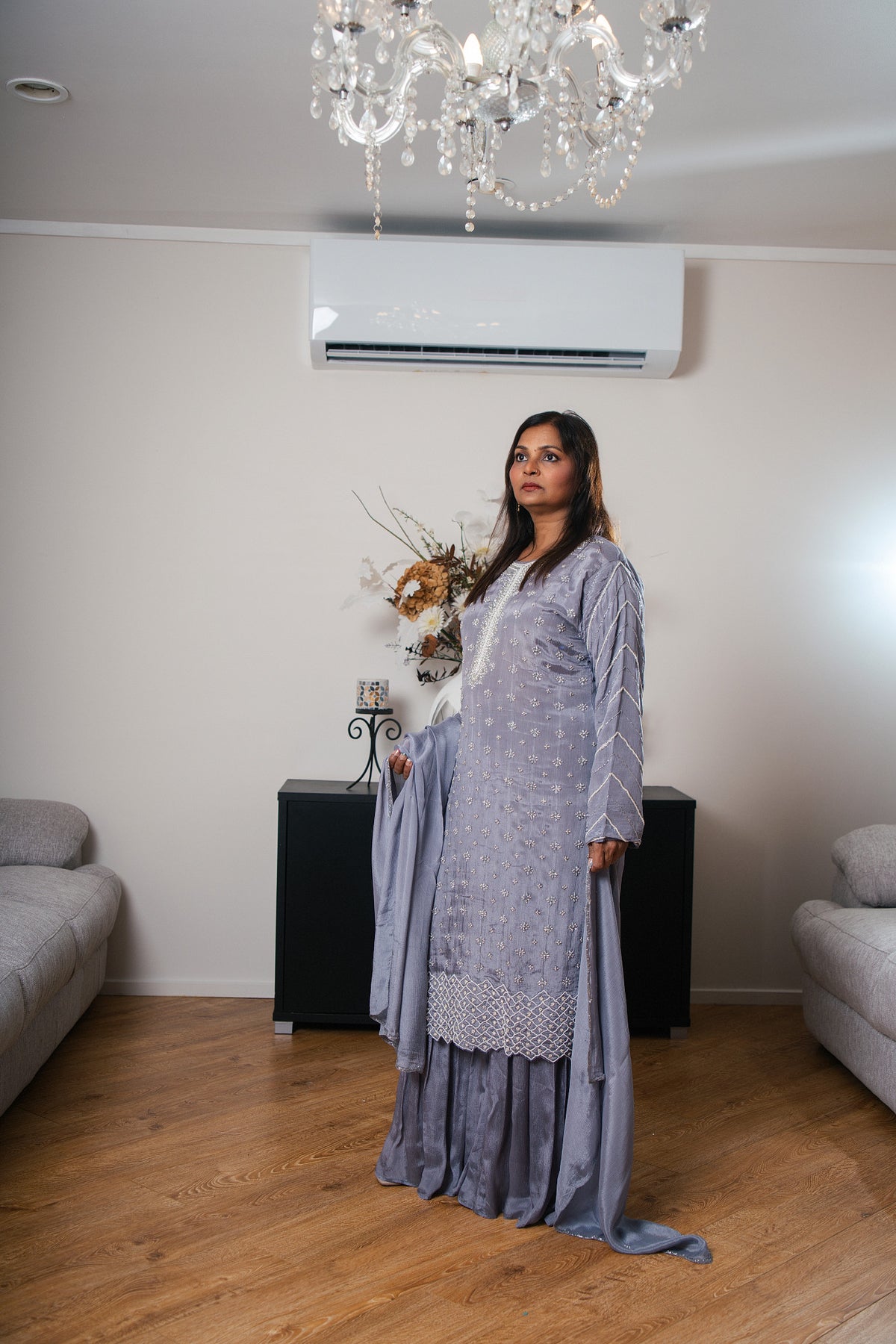 Crepe Chinon Gharara Set with Sequin & Pearl Work