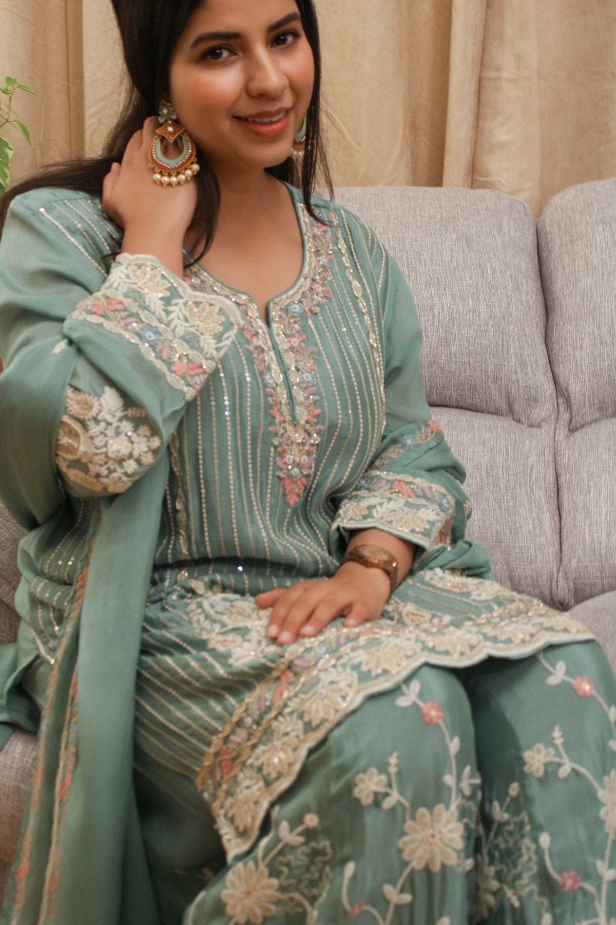 Sea-Green Sharara Set with Paisley Embroidery & Sequin Stripes