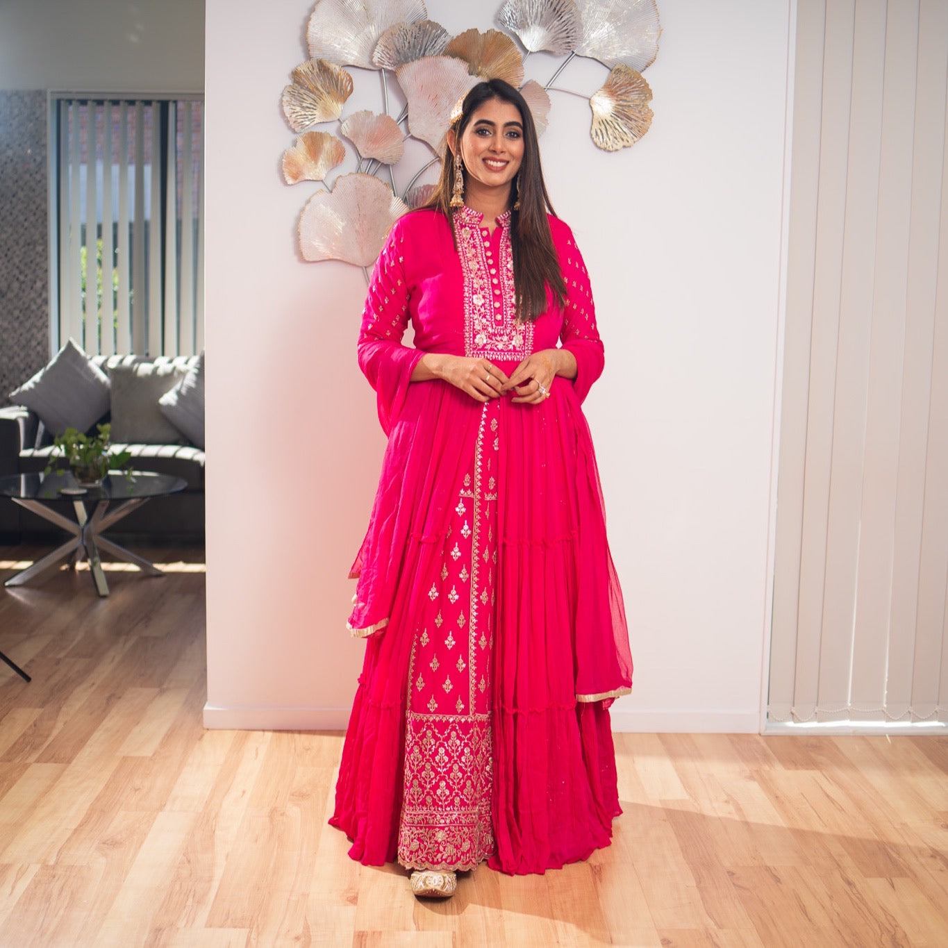 Fuchsia Georgette Gown & Skirt Set