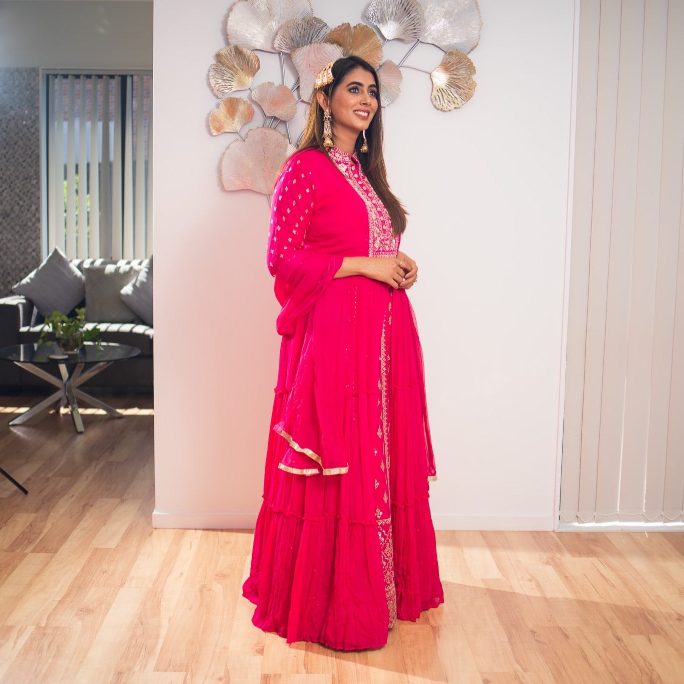 Fuchsia Georgette Gown & Skirt Set