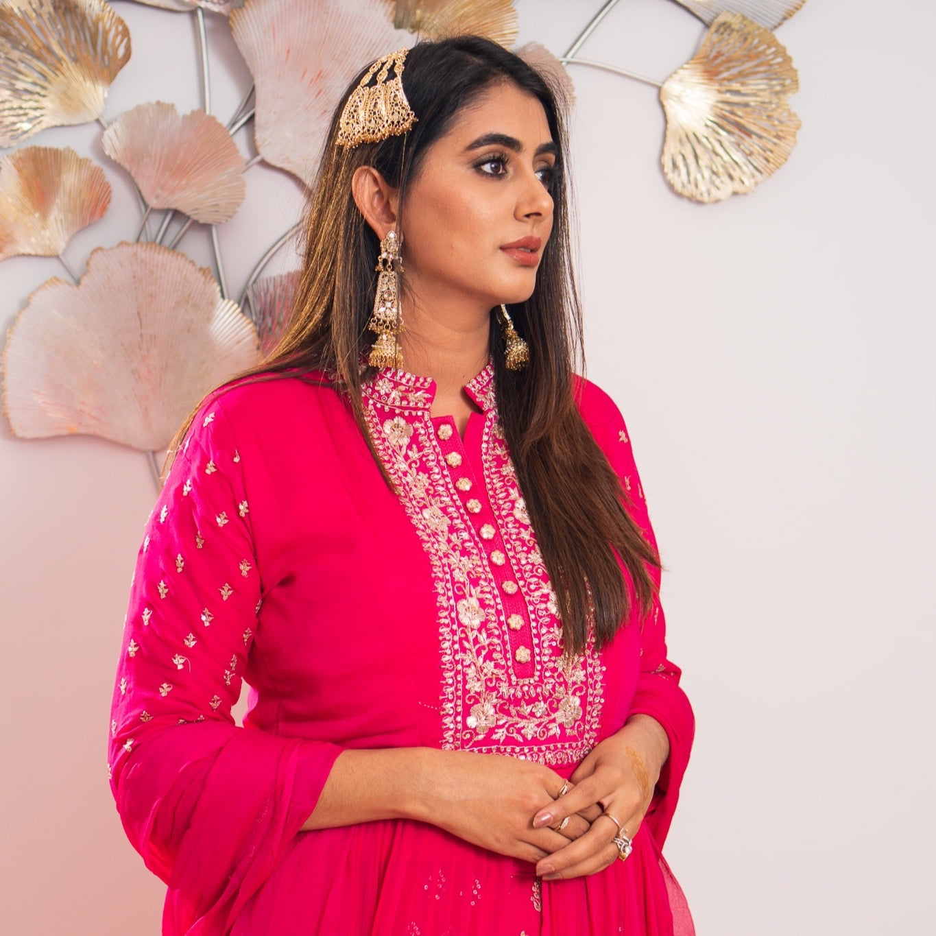 Fuchsia Georgette Gown & Skirt Set