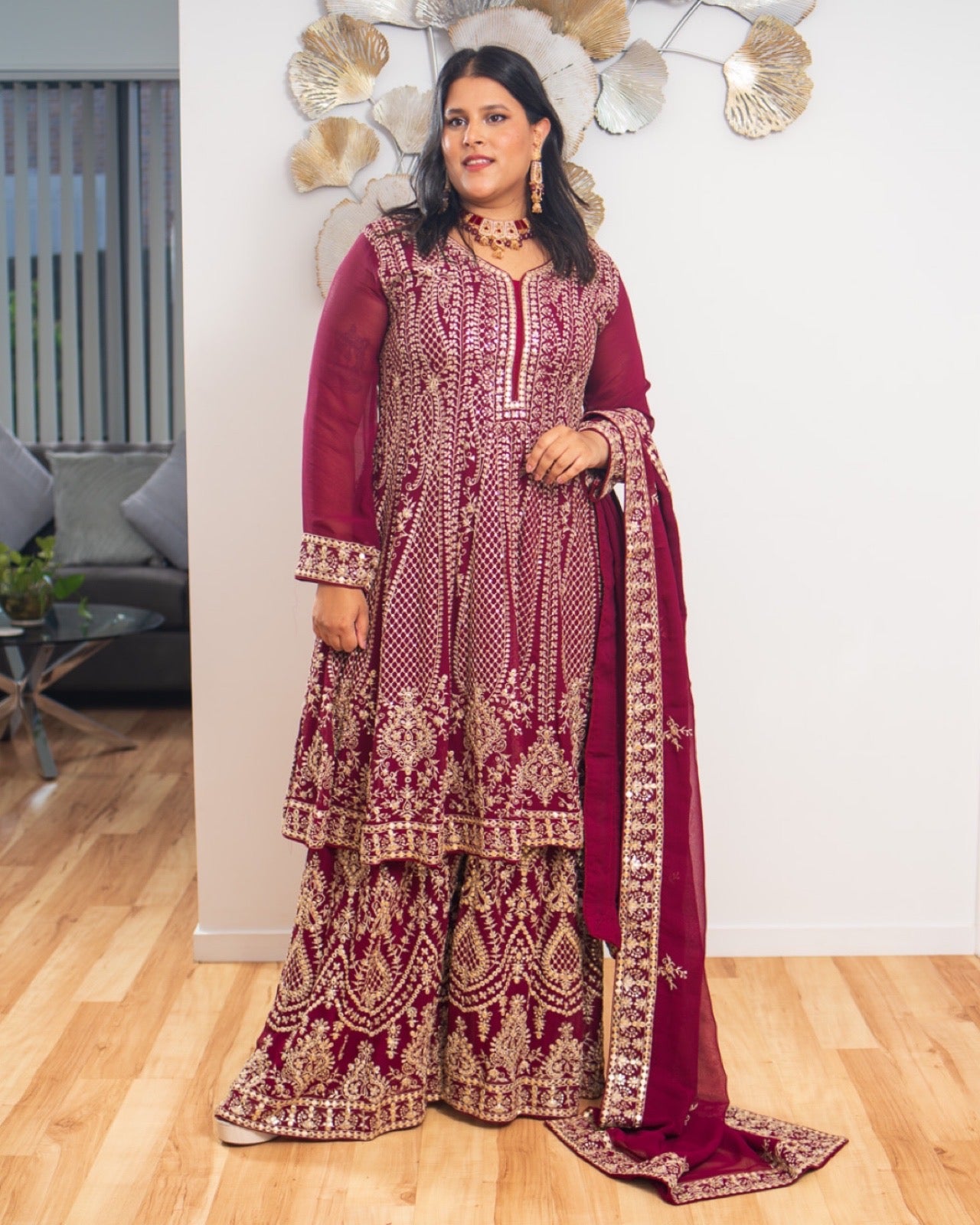 Maroon Gold Thread Work Sharara Set