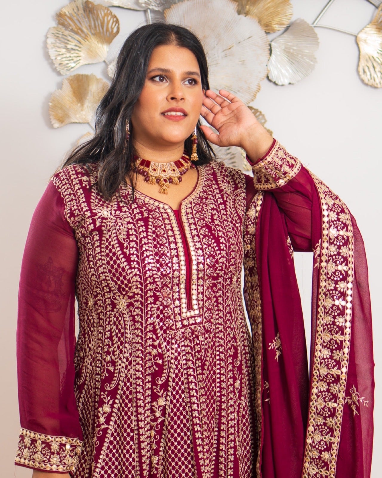 Maroon Gold Thread Work Sharara Set