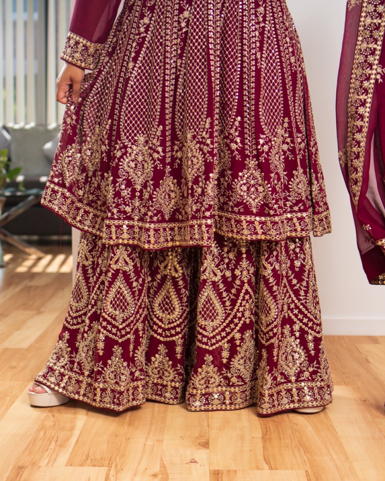 Maroon Gold Thread Work Sharara Set