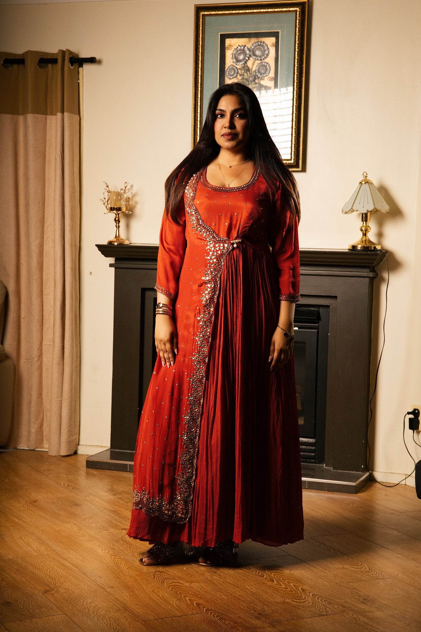 Hand-Embellished Crepe Long Dress