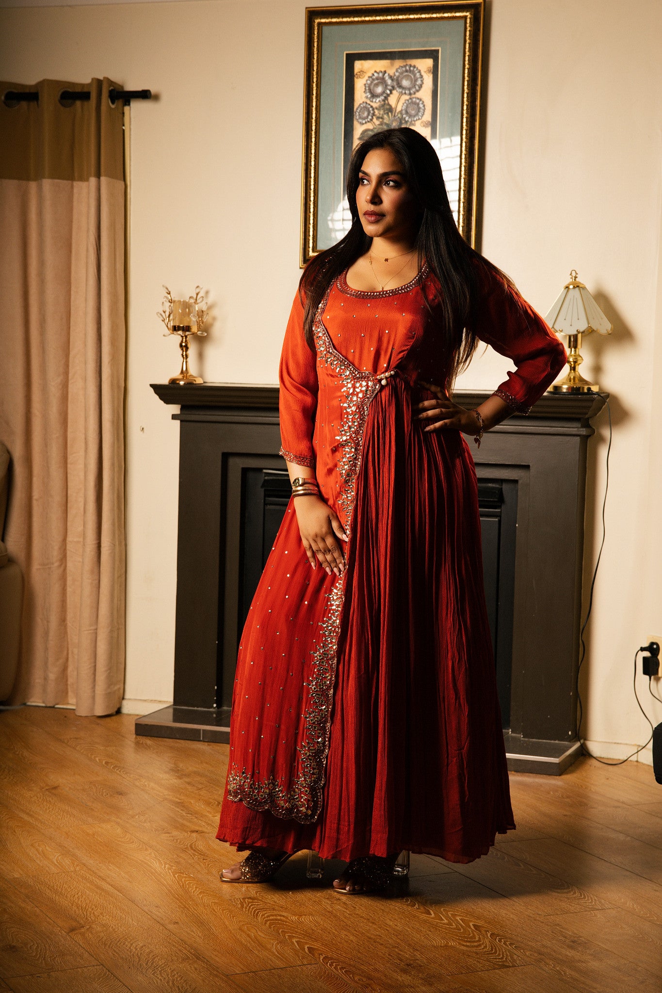 Hand-Embellished Crepe Long Dress