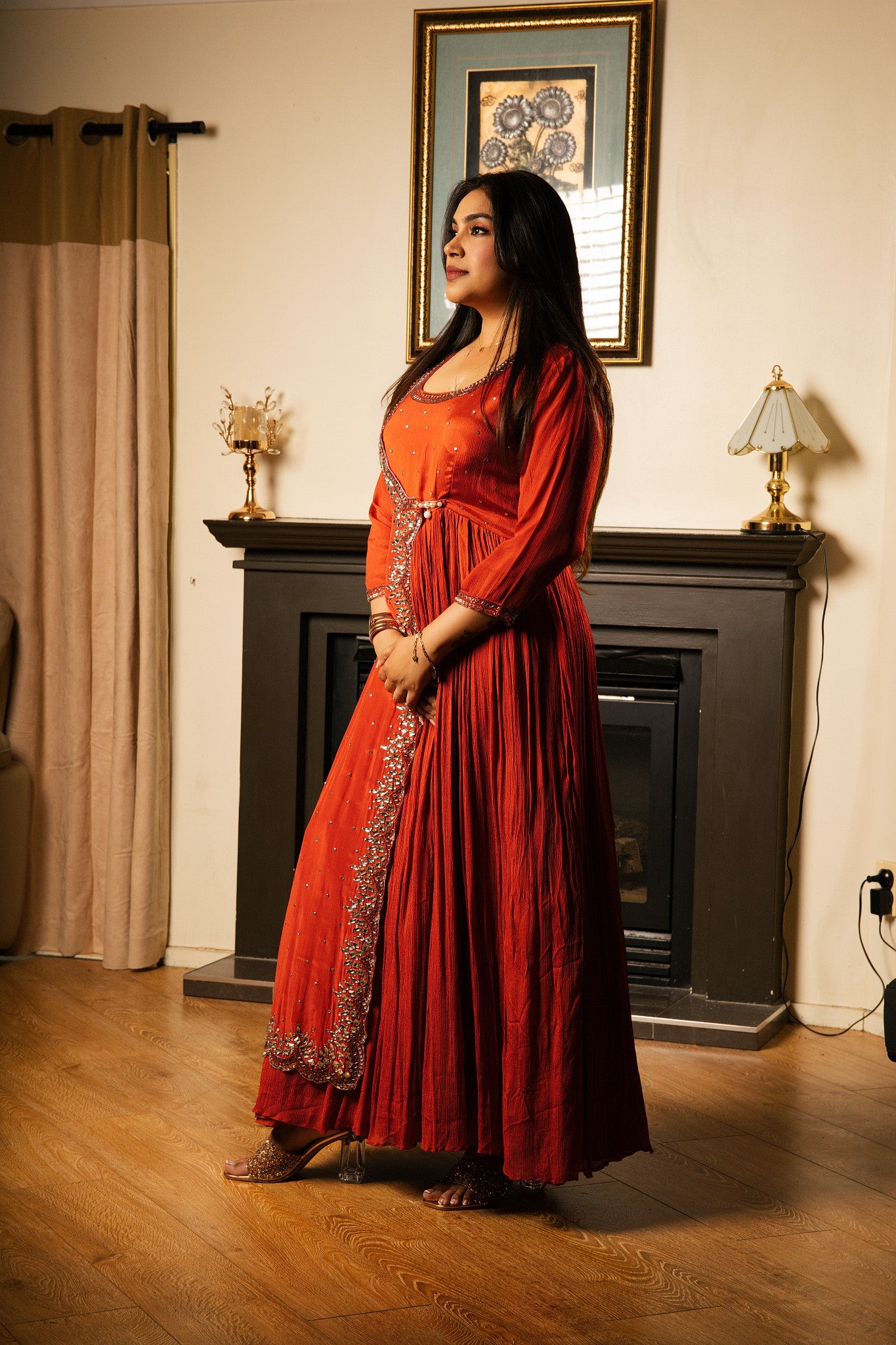 Hand-Embellished Crepe Long Dress