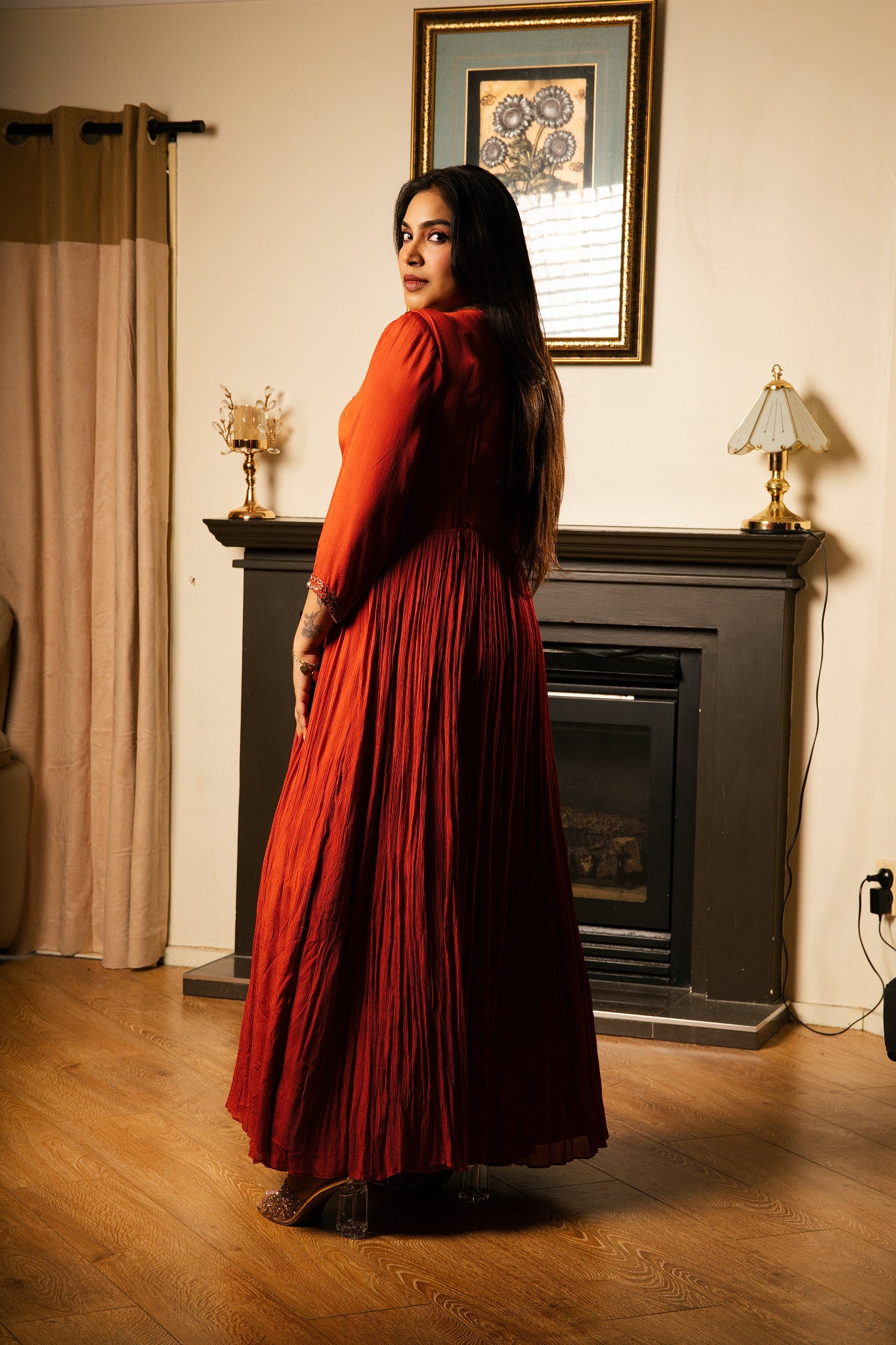 Hand-Embellished Crepe Long Dress