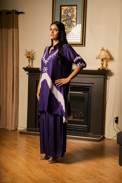 Tie-Dye Embroidered Co-ord Set with Flared Palazzo