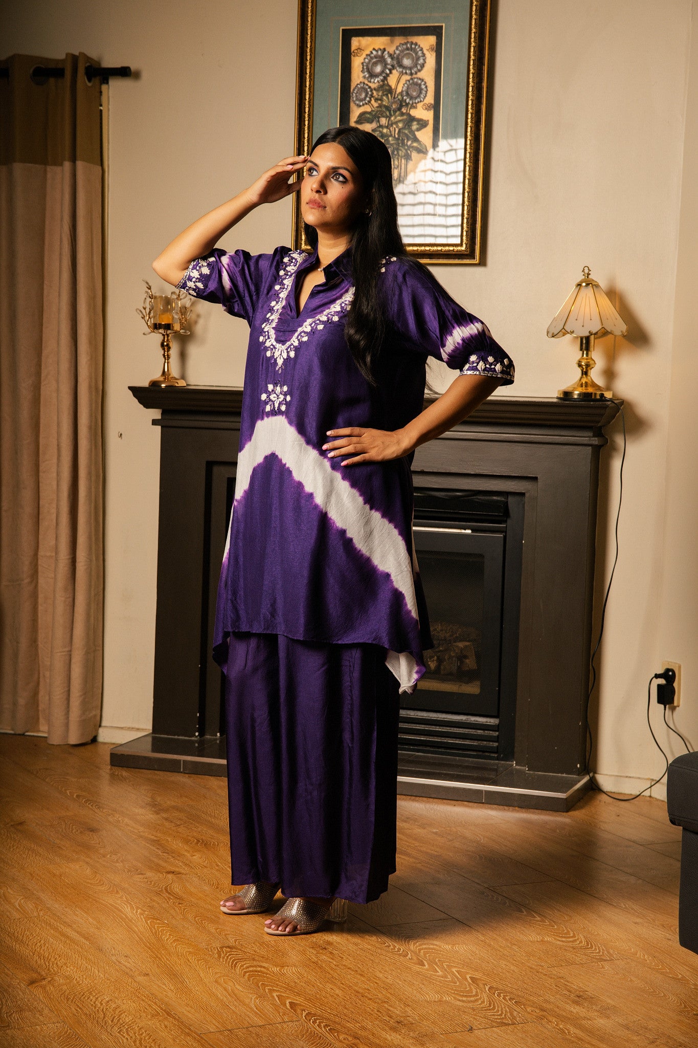 Tie-Dye Embroidered Co-ord Set with Flared Palazzo