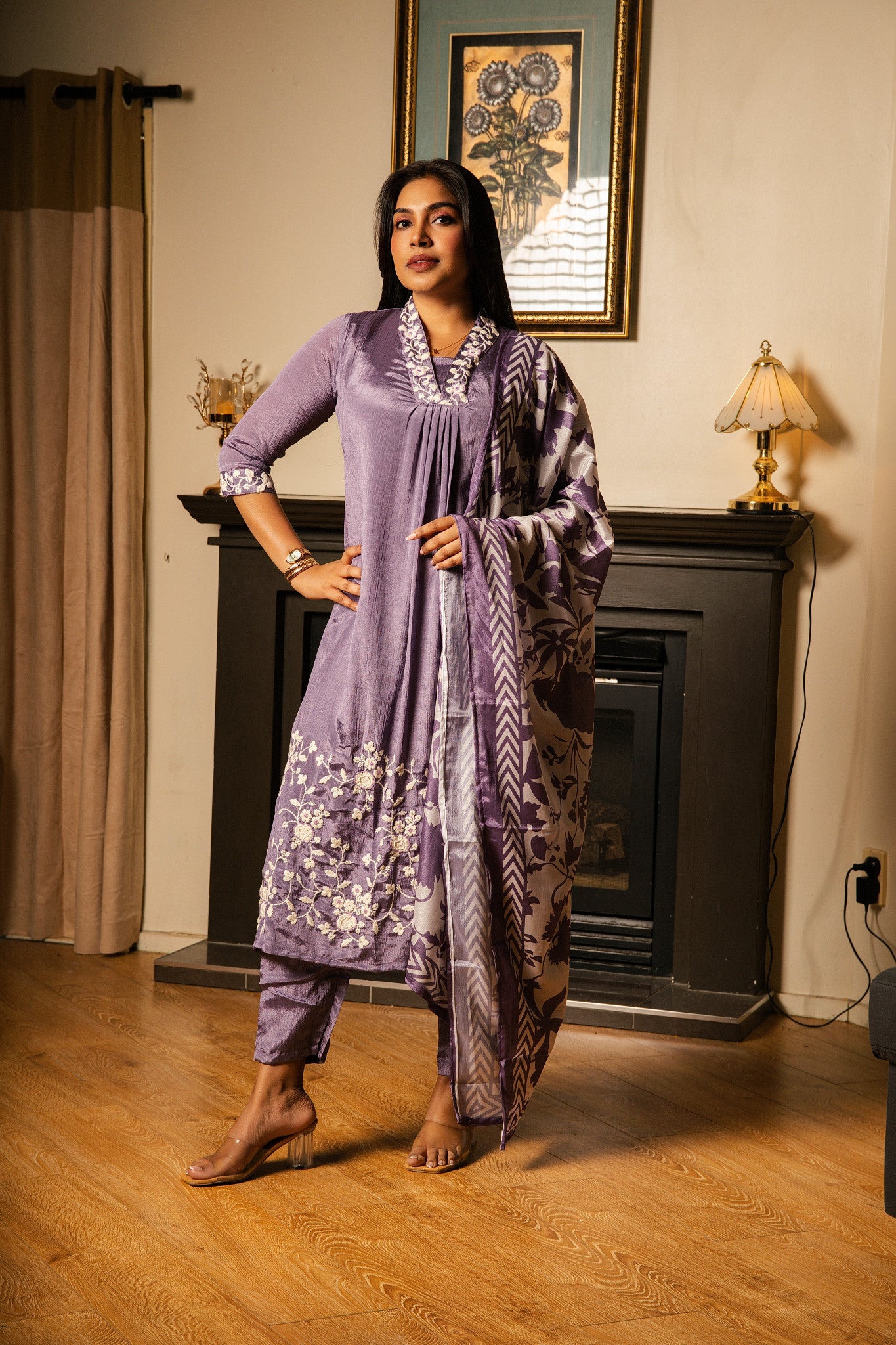 Suit with Printed Dupatta & Floral Embroidery