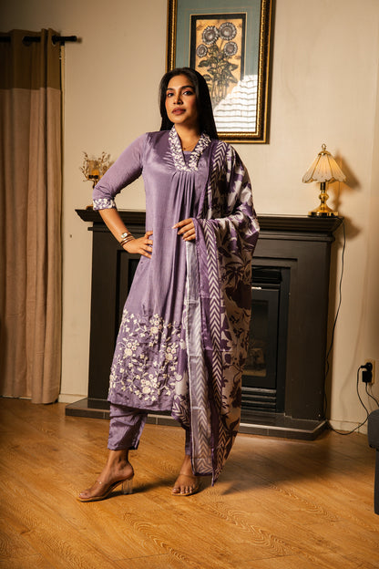 Suit with Printed Dupatta & Floral Embroidery
