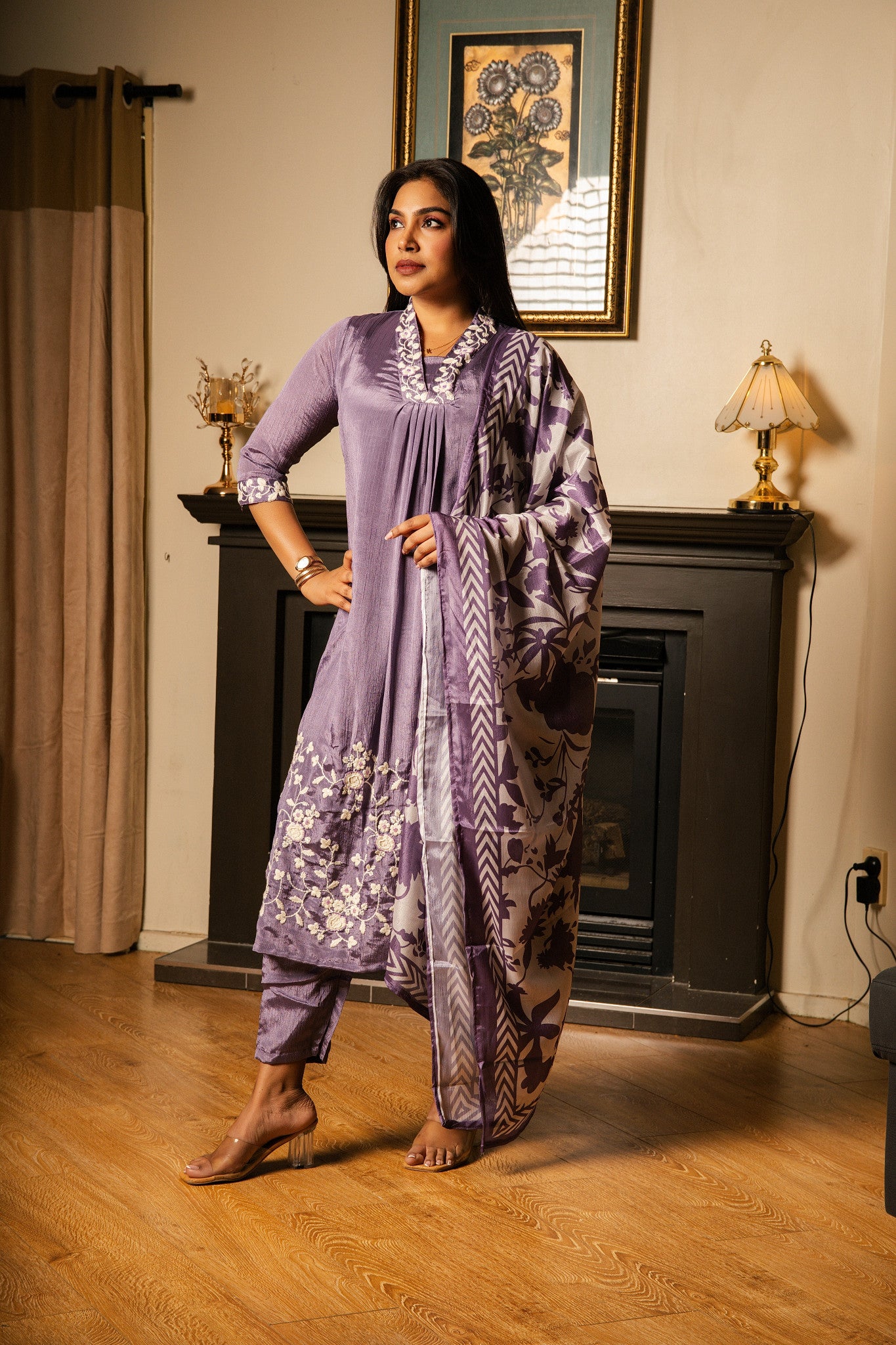 Suit with Printed Dupatta & Floral Embroidery