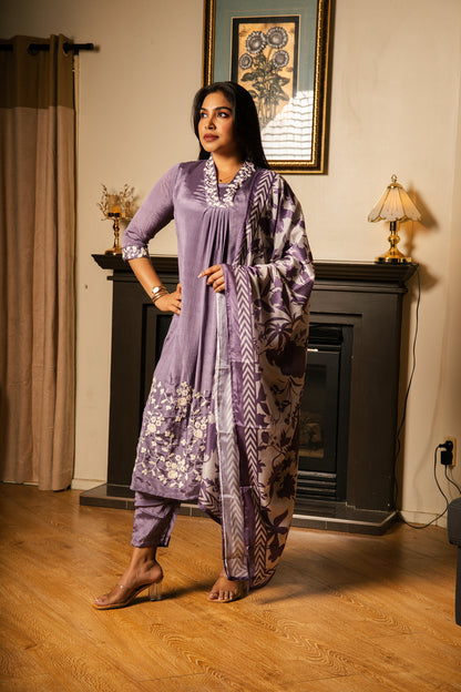 Suit with Printed Dupatta & Floral Embroidery