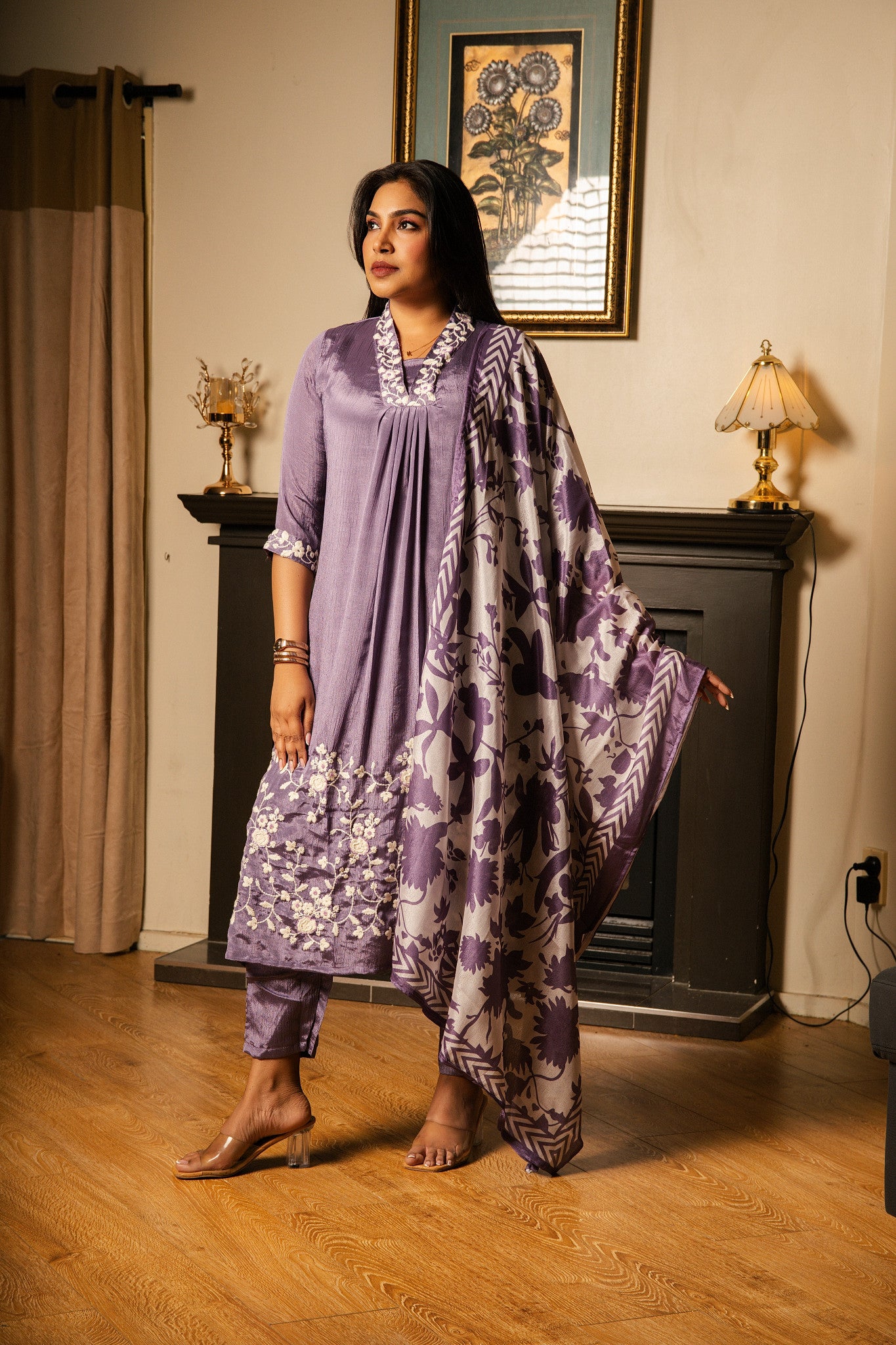 Suit with Printed Dupatta & Floral Embroidery