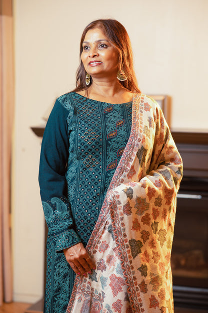 Vegan Wool Ensemble with Embroidered Shawl