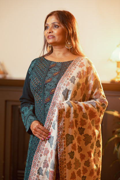 Vegan Wool Ensemble with Embroidered Shawl