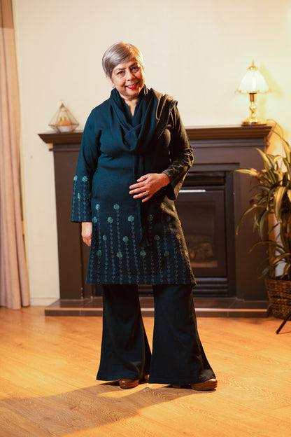 Soft Wool Flared Pants Ensemble with Scarf