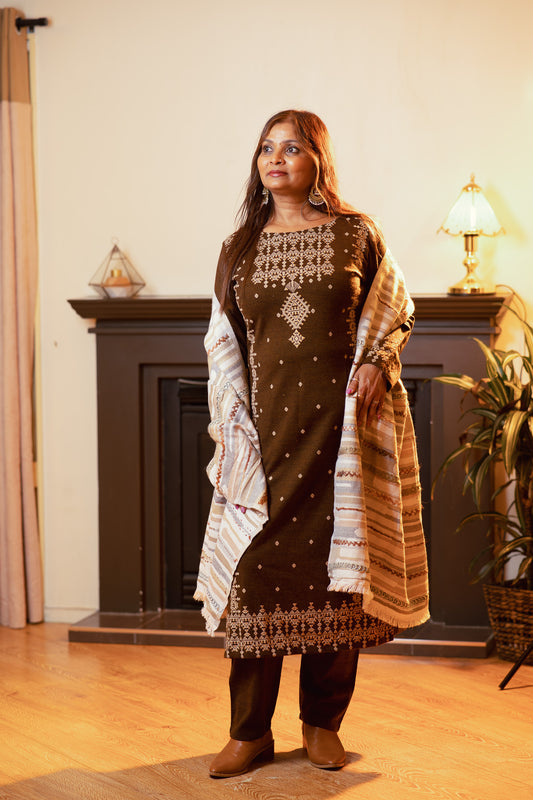 Embroidered Wool Ensemble with Full Shawl