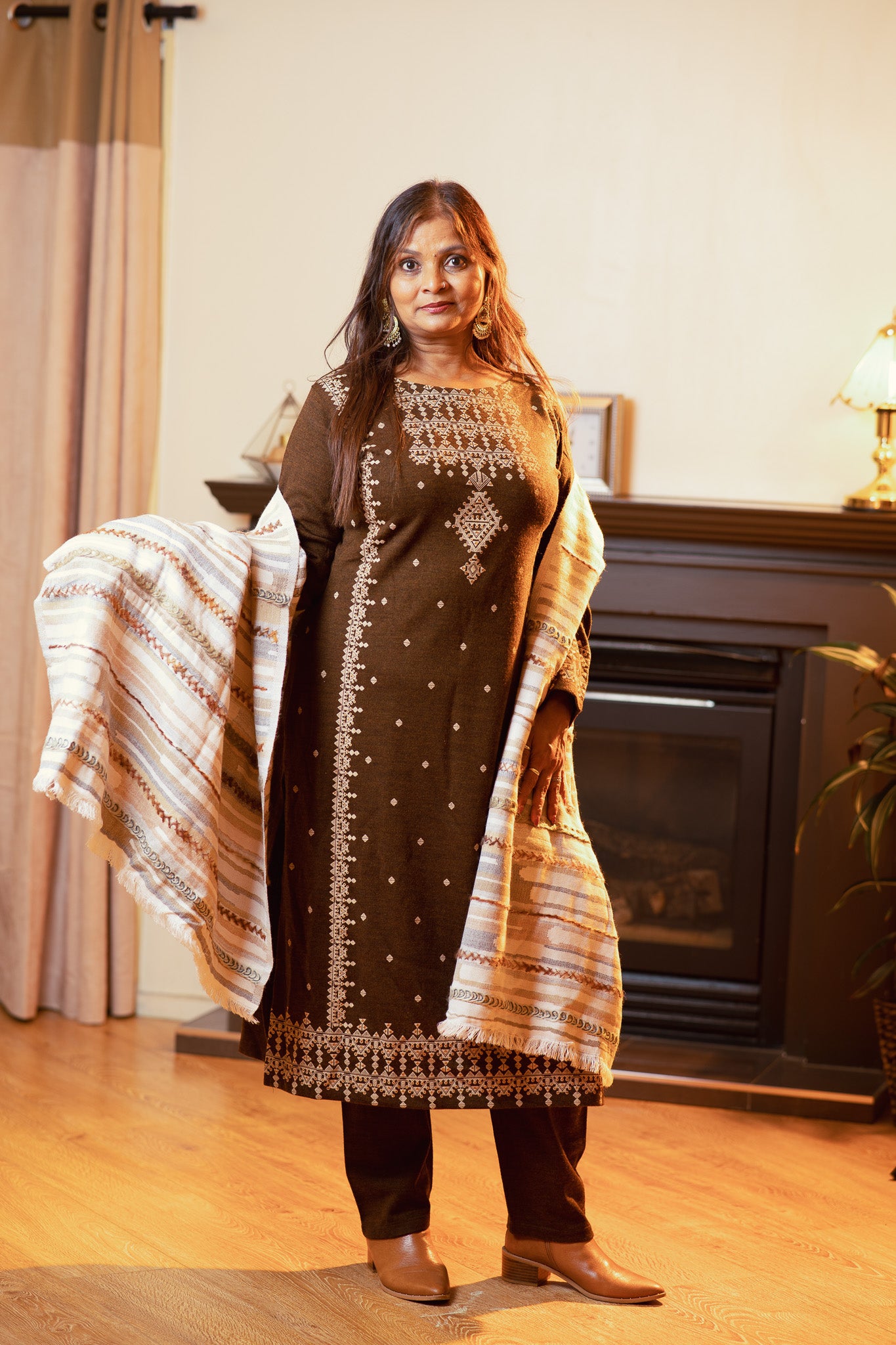 Embroidered Wool Ensemble with Full Shawl