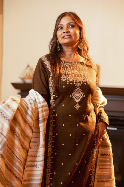 Embroidered Wool Ensemble with Full Shawl