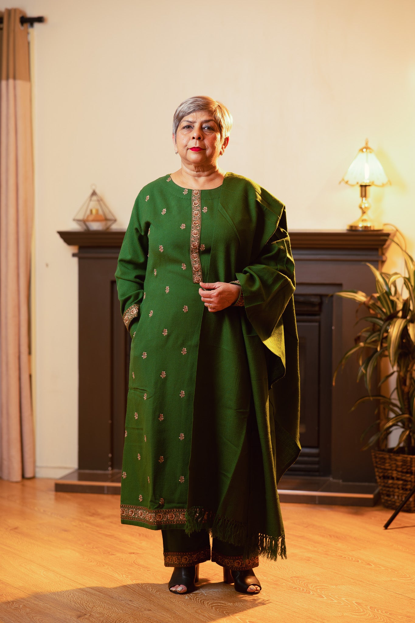 Emerald Green Wool Ensemble with Kashmiri Work and Plain Shawl