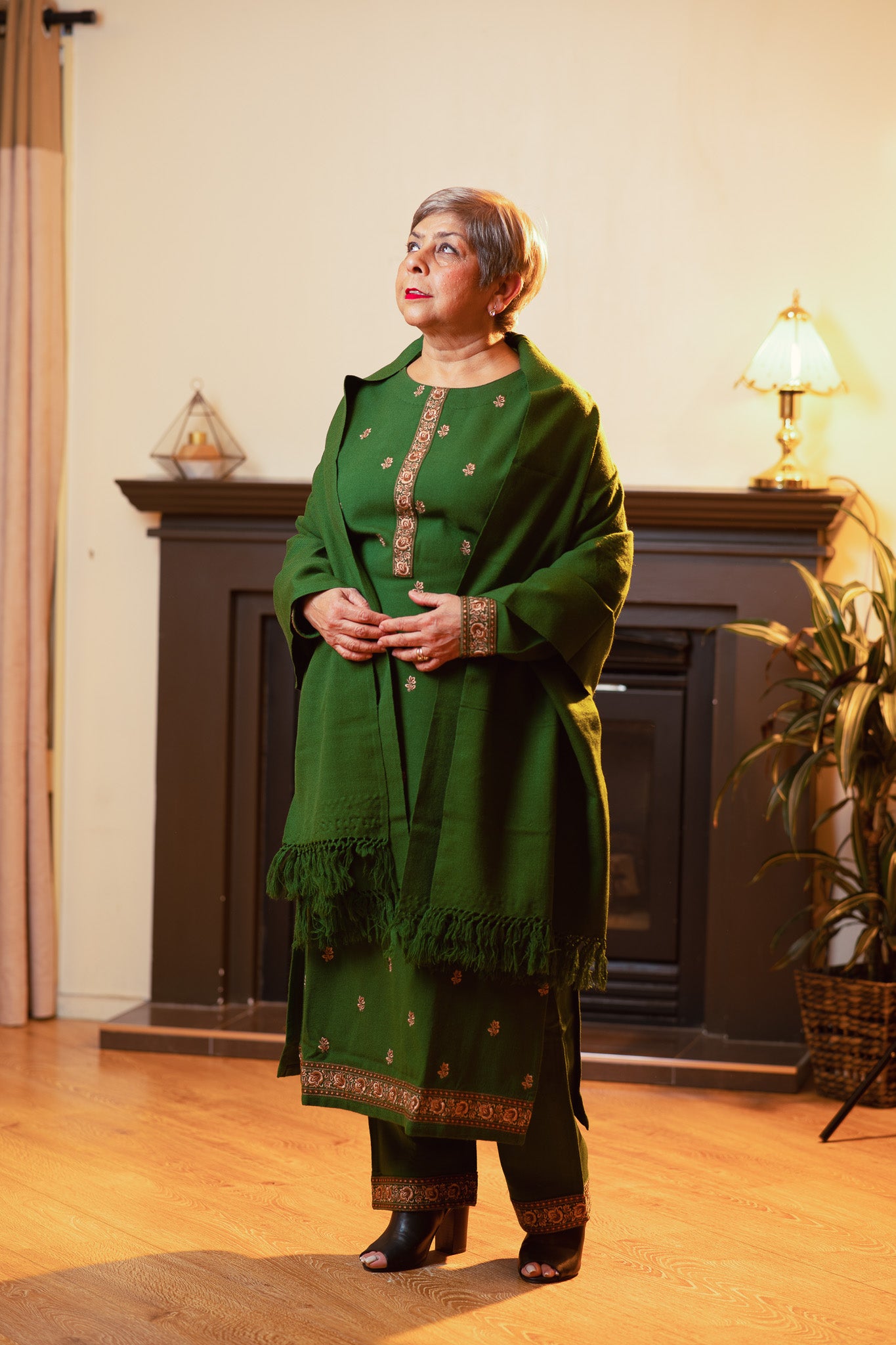 Emerald Green Wool Ensemble with Kashmiri Work and Plain Shawl