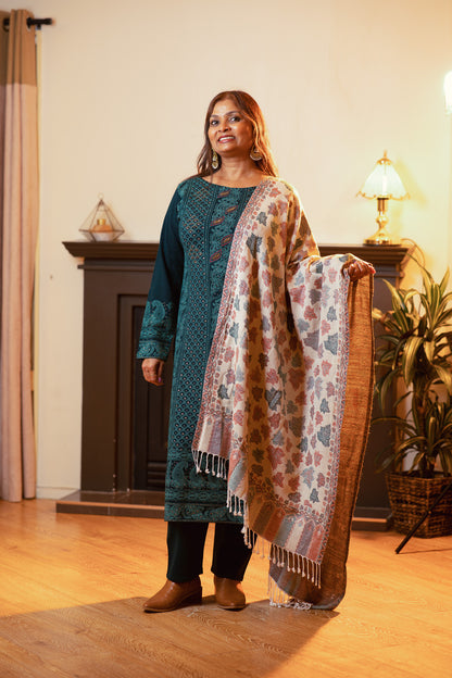 Vegan Wool Ensemble with Embroidered Shawl