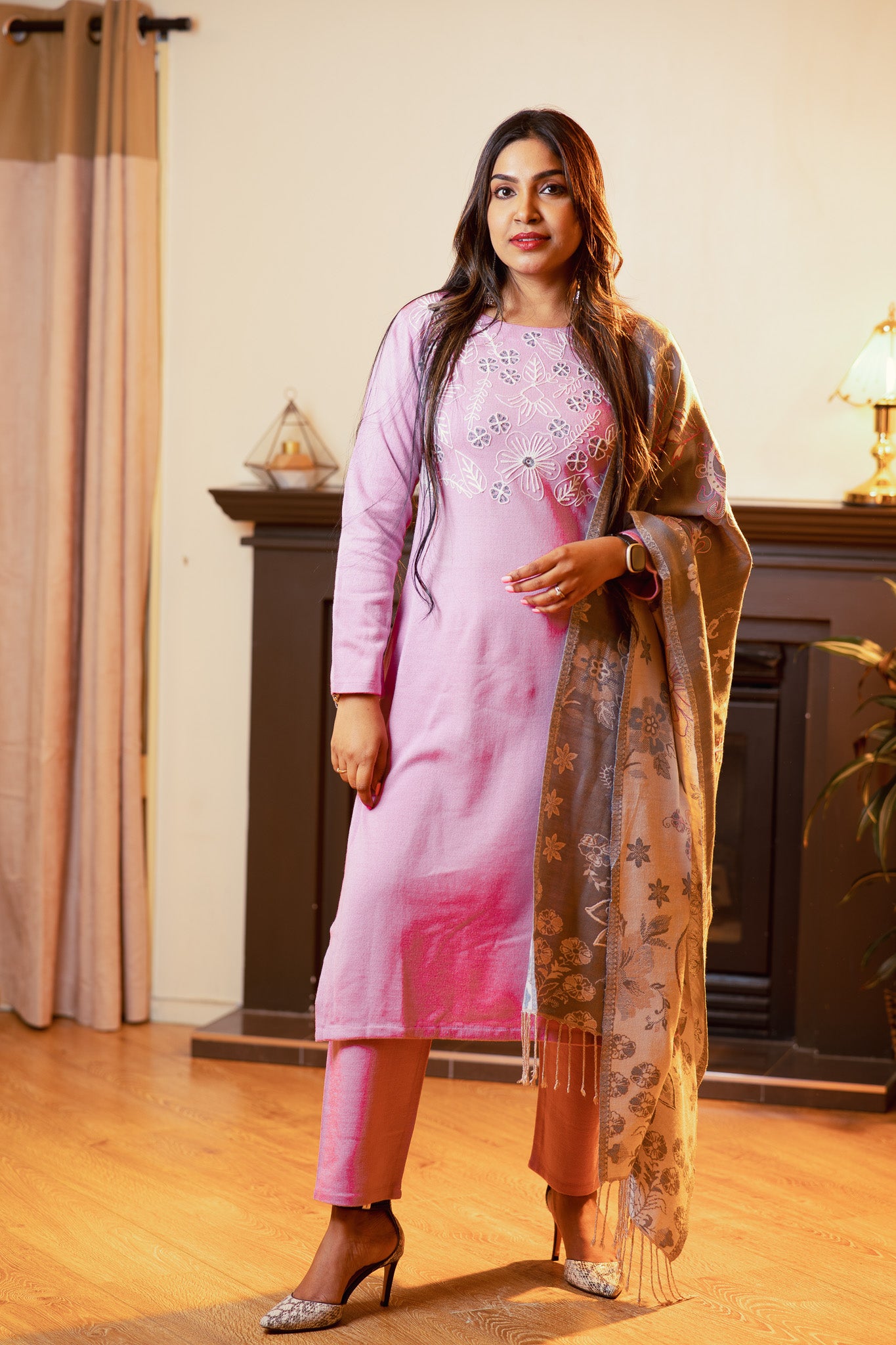 Embellished  Wool Suit Set with Embroidered Shawl