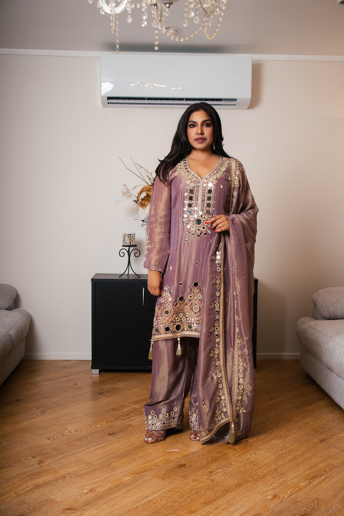 Duo-Tone Mauve Organza Suit with Mirror Work & Tassel Hem