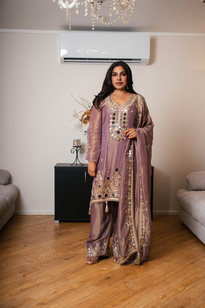 Duo-Tone Mauve Organza Suit with Mirror Work & Tassel Hem