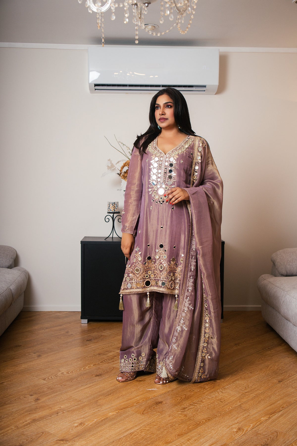 Duo-Tone Mauve Organza Suit with Mirror Work & Tassel Hem