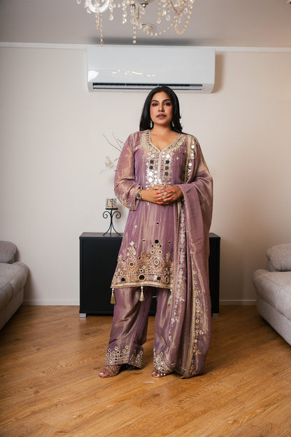 Duo-Tone Mauve Organza Suit with Mirror Work & Tassel Hem