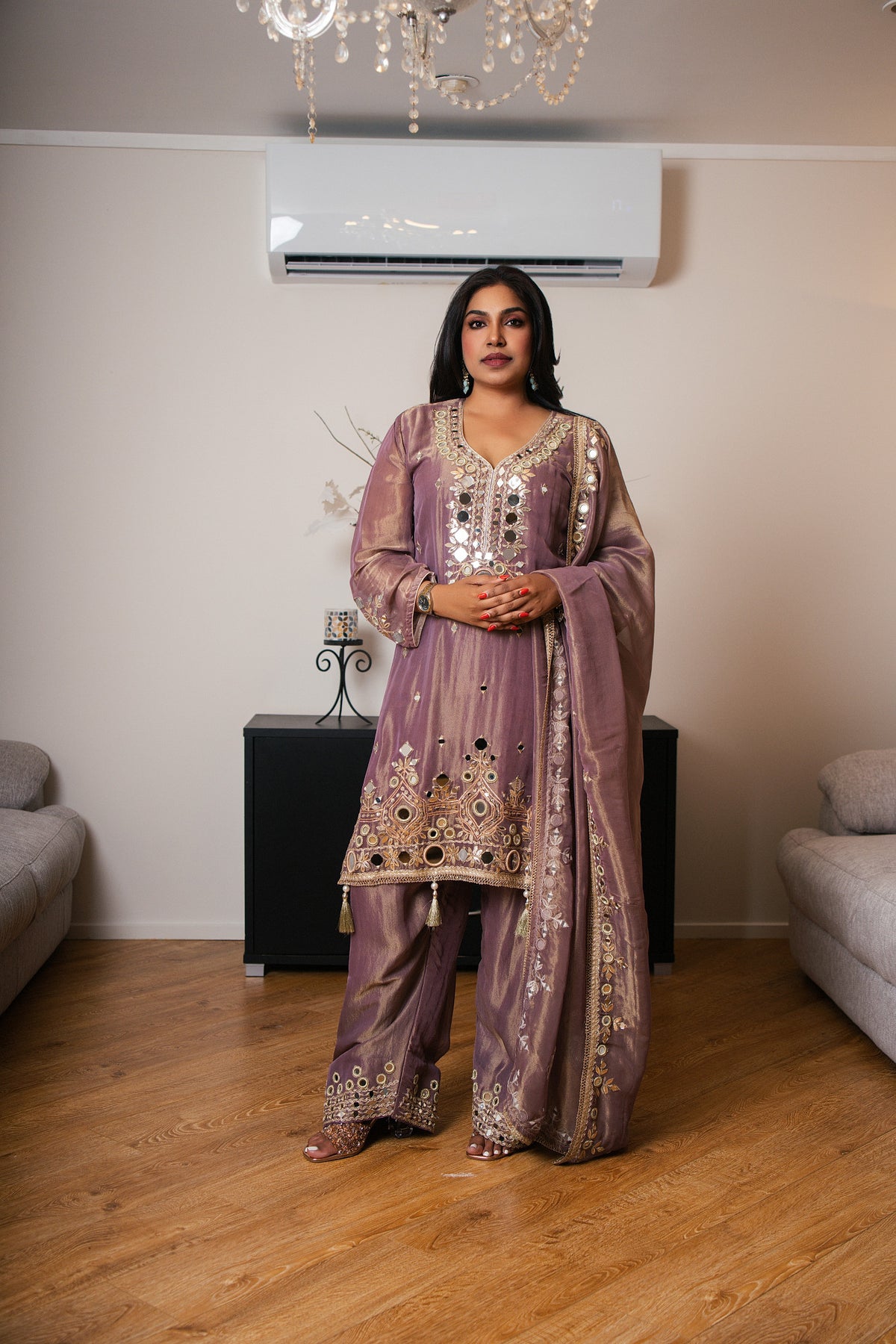 Duo-Tone Mauve Organza Suit with Mirror Work & Tassel Hem