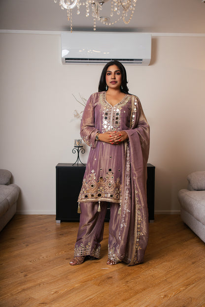 Duo-Tone Mauve Organza Suit with Mirror Work & Tassel Hem