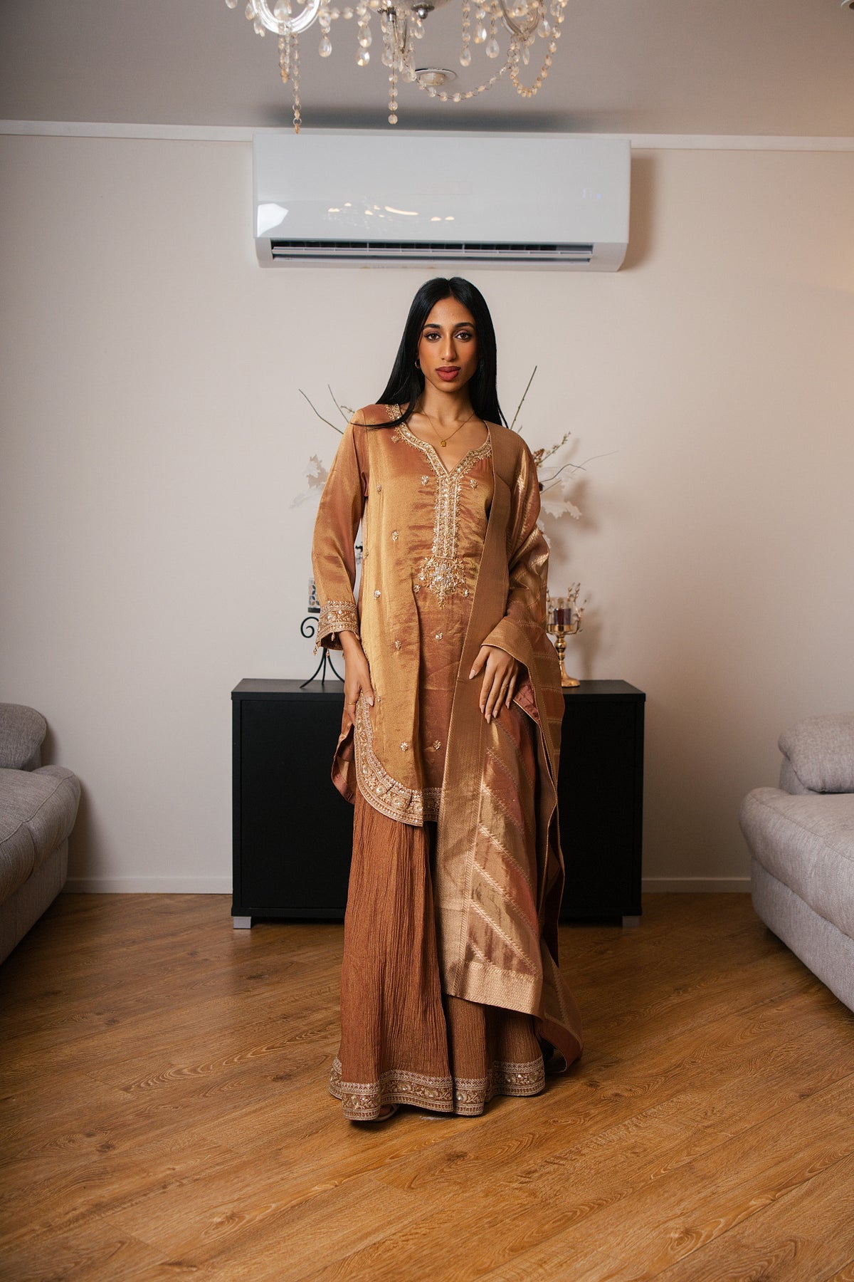 Tissue Crinkle Gharara Set with Hand Dabka Work (Rust)
