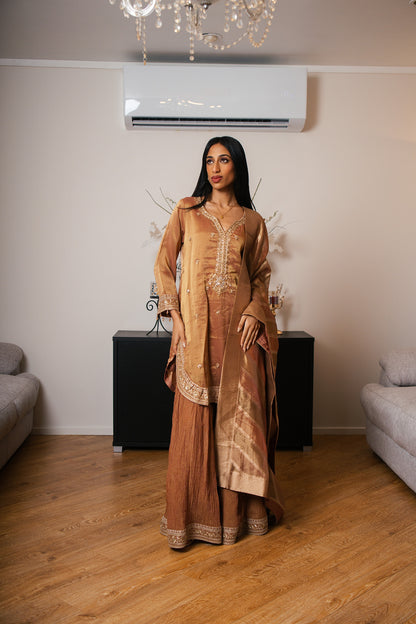 Tissue Crinkle Gharara Set with Hand Dabka Work (Rust)