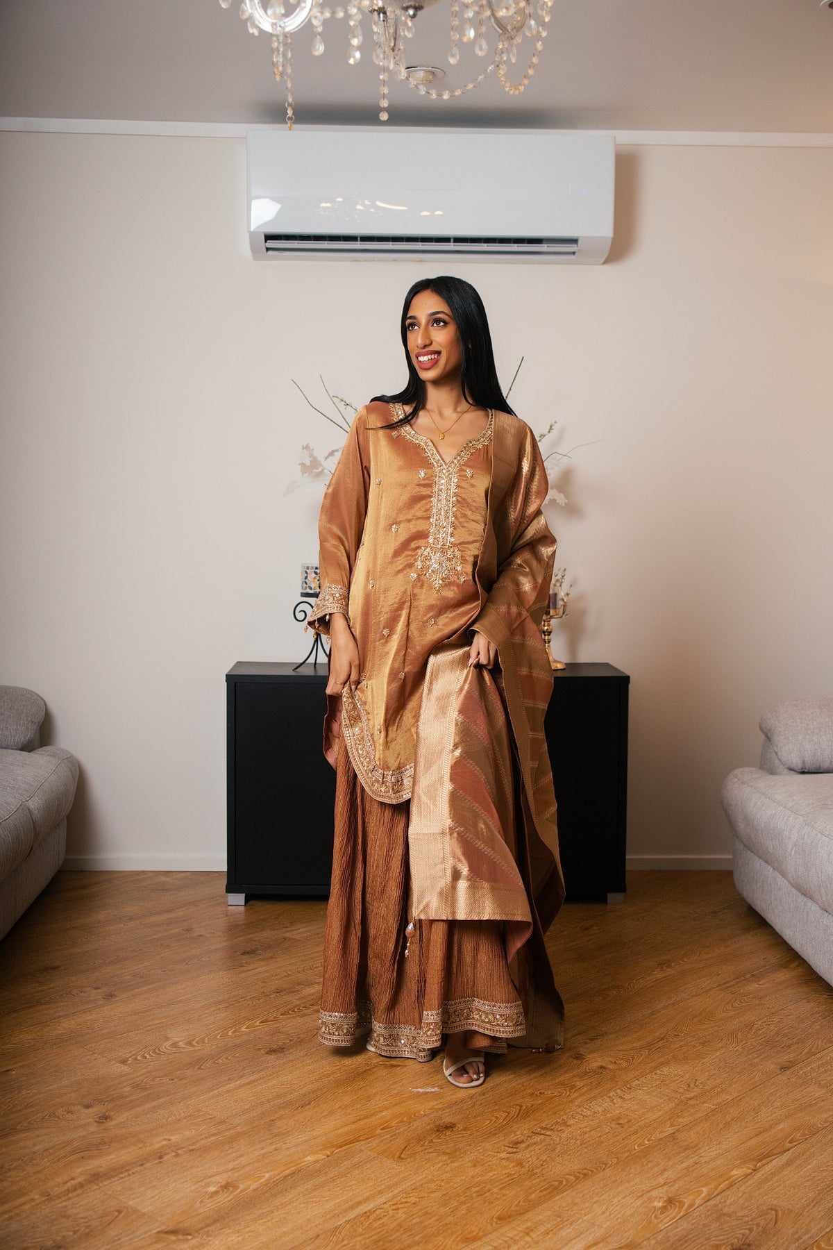 Tissue Crinkle Gharara Set with Hand Dabka Work (Rust)