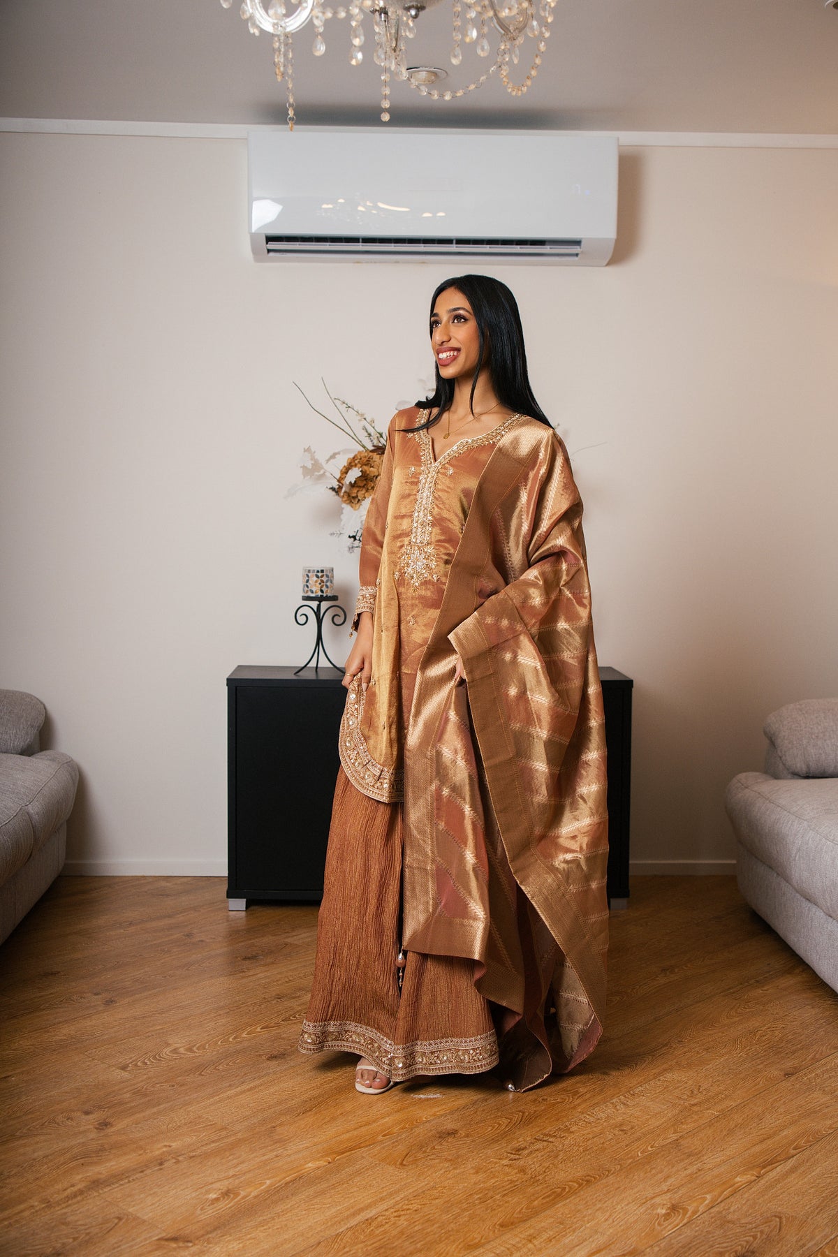 Tissue Crinkle Gharara Set with Hand Dabka Work (Rust)
