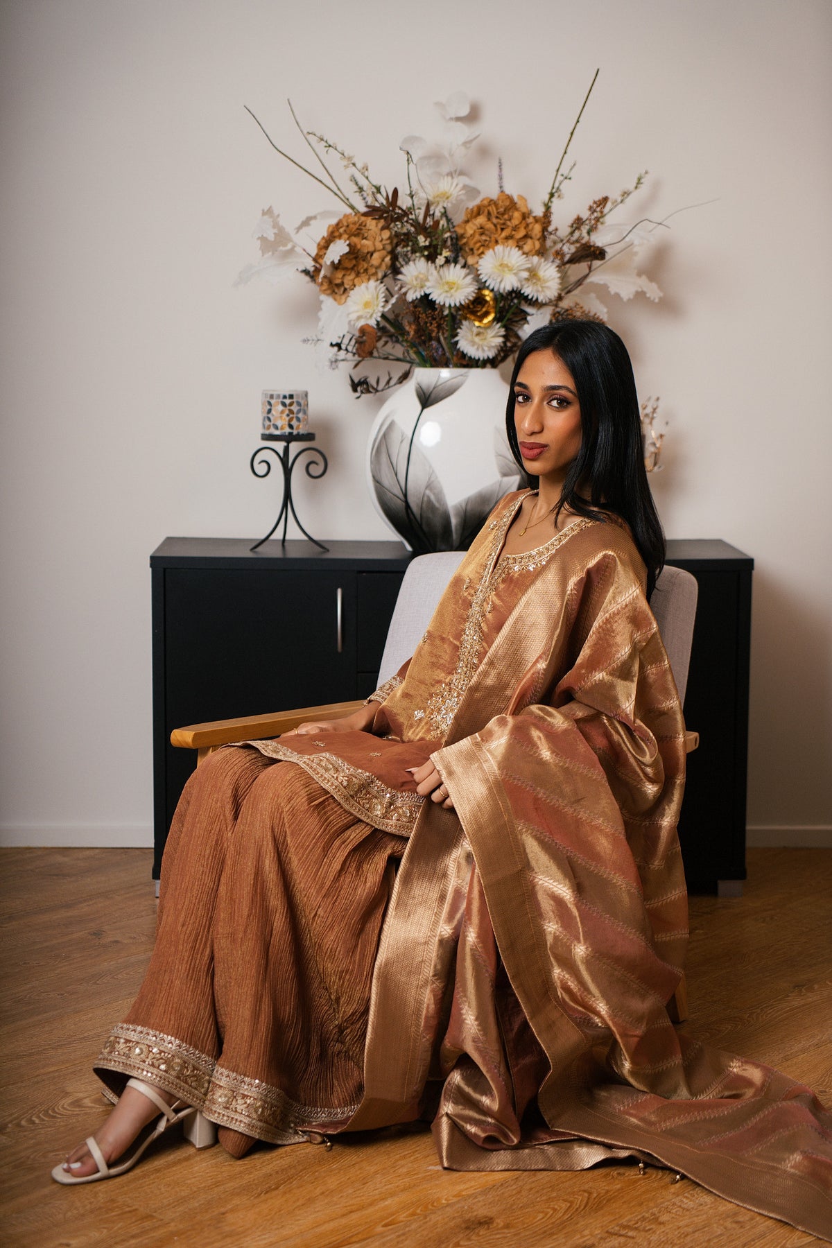 Tissue Crinkle Gharara Set with Hand Dabka Work (Rust)