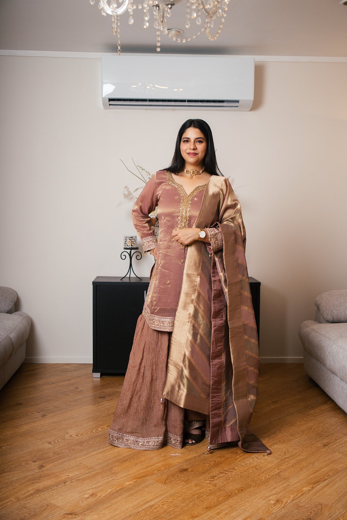 Tissue Crinkle Gharara Set with Hand Dabka Work (Mauve)