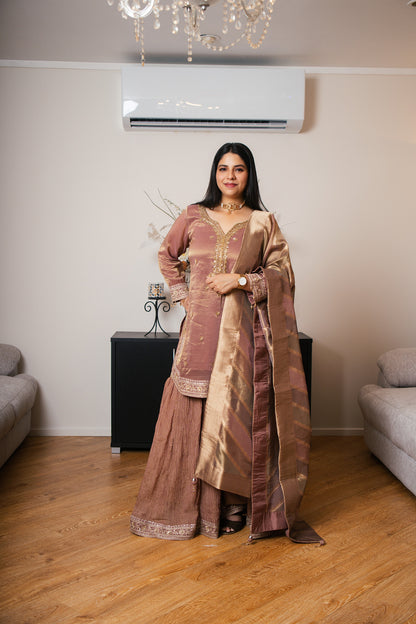 Tissue Crinkle Gharara Set with Hand Dabka Work (Mauve)